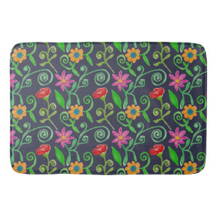 Tapis De Bain Fleur aquarelle fantaisiste bleu marine