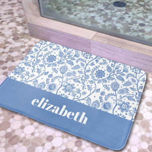 Tapis De Bain Fleur botanique florale bleue et blanche Nom perso