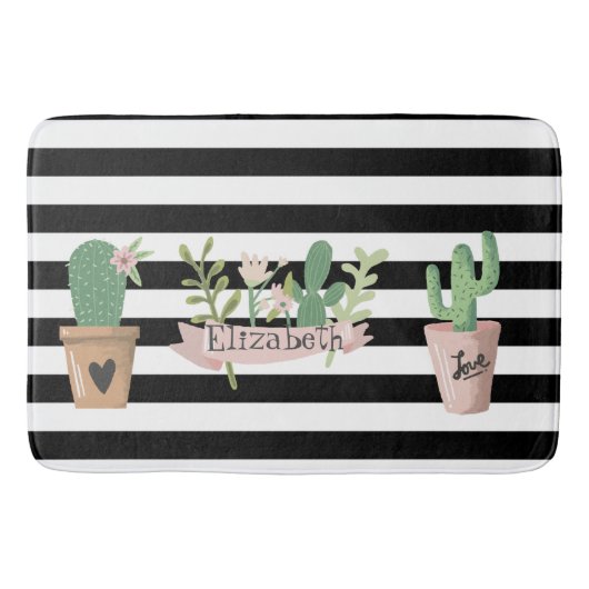 Tapis De Bain Fleur de Cactus Rayures Noires et Blanches (Devant)