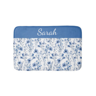 Tapis De Bain Fleur de nom florale sauvage aquarelle bleu person