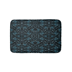 Tapis De Bain Fleur élégante Noir et Turquoise Damas