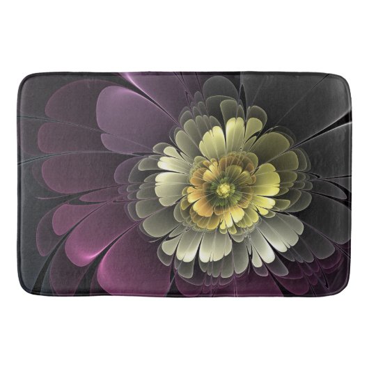 Tapis De Bain Fleur fractale grise et pourpre moderne abstraite (Devant)
