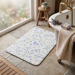 Tapis De Bain Fleur sauvage aquarelle bleu violet