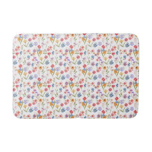 Tapis De Bain Fleur sauvage aquarelle bleu violet rouge
