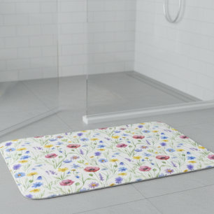 Tapis De Bain Fleur sauvage aquarelle bleue rouge