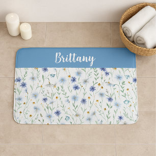 Tapis De Bain Fleur sauvage d'aquarelle bleu violet