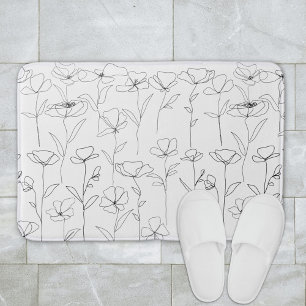 Tapis De Bain Fleur sauvage de pavot noir et blanc minimal flora