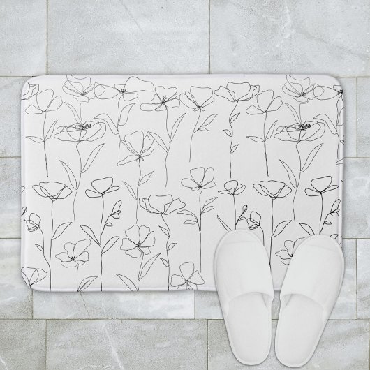 Tapis De Bain Fleur sauvage de pavot noir et blanc minimal flora