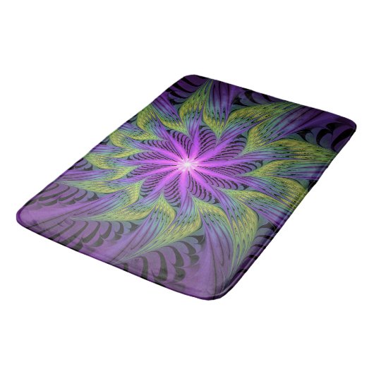Tapis De Bain Fleuron vert violet Art Abstrait fractal moderne (Angle)
