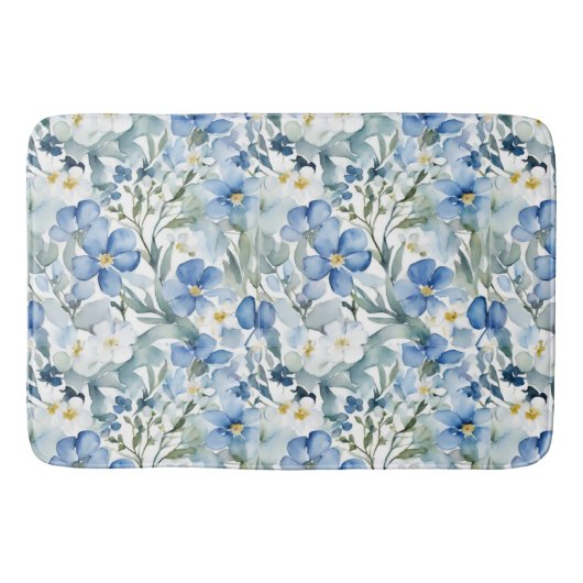 Tapis De Bain Fleurs Bleues Blancs Aquarelle Chic (Devant)
