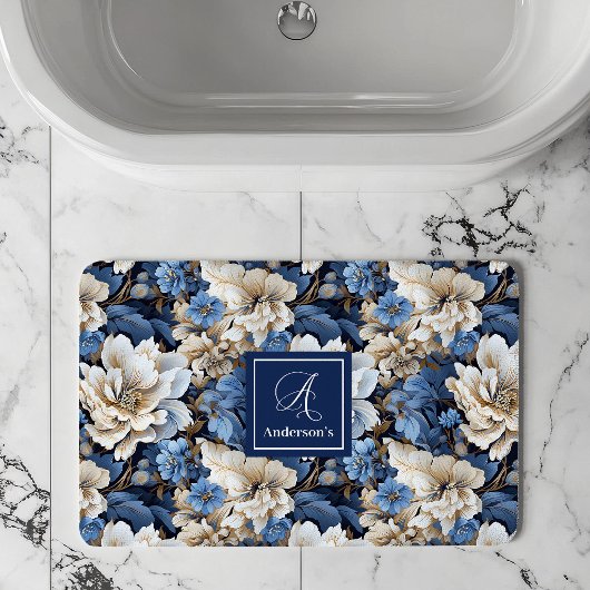 Tapis de Bain Fleurs Bleues et Blanches Classiques