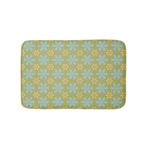 Tapis De Bain Fleurs bleues et jaunes Abstraites rétro sur vert
