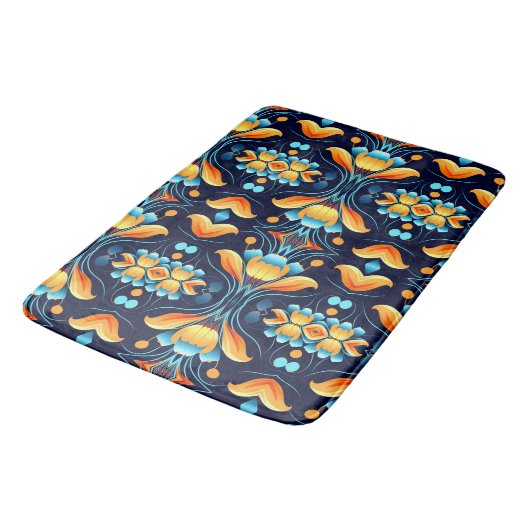 Tapis De Bain fleurs bleues oranges Art déco (Angle)