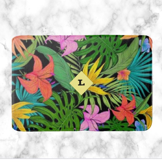 Tapis De Bain Fleurs botaniques tropicales violettes et vertes