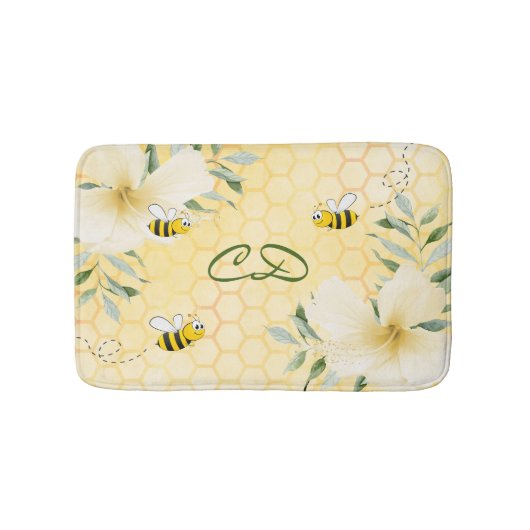 Tapis De Bain Fleurs d'abeilles jaunes de nid d'abeille monogram (Devant)