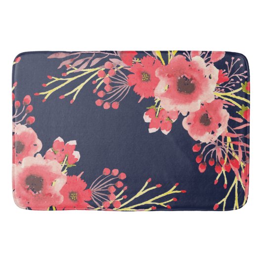 Tapis De Bain Fleurs d'aquarelle rose et bleu marine (Devant)