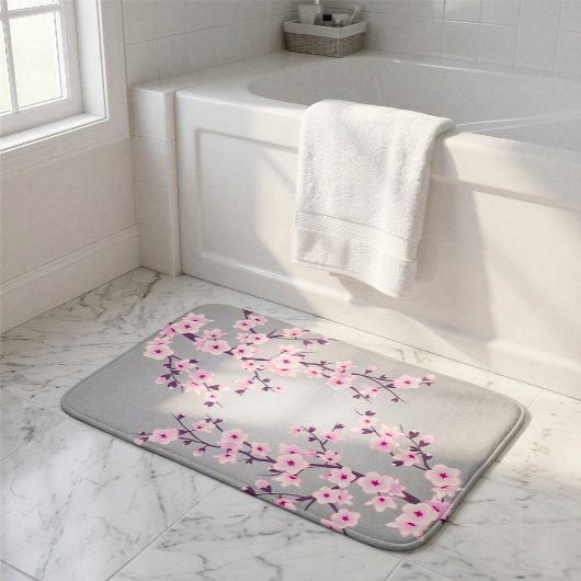 Tapis De Bain Fleurs de cerisier rose gris