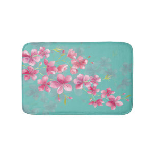 Tapis De Bain Fleurs de cerisiers roses sur Turquoise