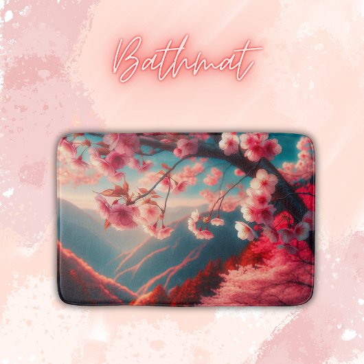 Tapis De Bain Fleurs de cerisiers rouges et roses |
