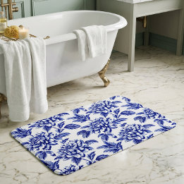 Tapis De Bain Fleurs de dahlia bleues et blanches Toile de Jouy