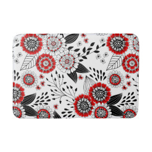 Tapis De Bain Fleurs de gribouillis et feuilles en rouge et noir
