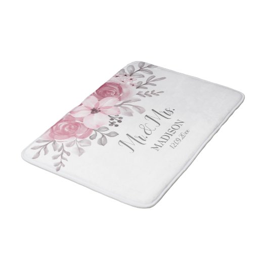 Tapis De Bain Fleurs de mariage romantiques aquarelle rose M & M (Angle)