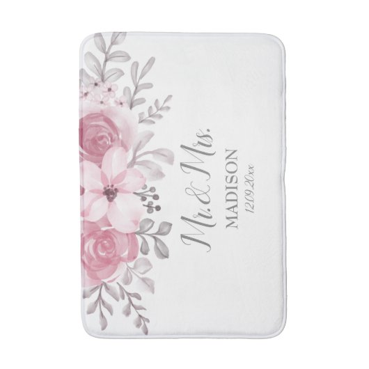 Tapis De Bain Fleurs de mariage romantiques aquarelle rose M & M (Devant (Vertical))