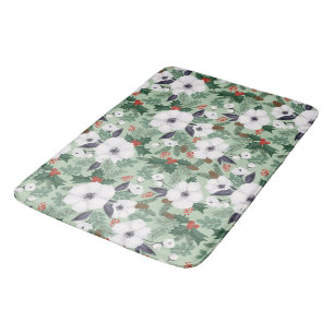 Tapis De Bain Fleurs de Noël blanches et motif de baies rouges