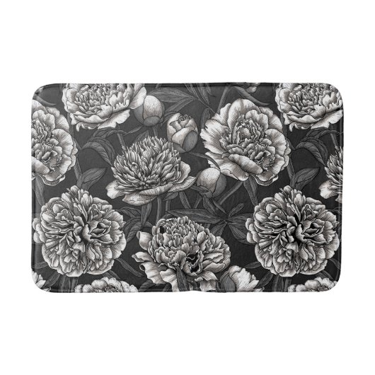 Tapis De Bain Fleurs de pivoines blanches sur gris foncé (Devant)