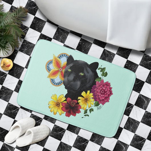 Tapis De Bain Fleurs de Portrait Jaguar Noir