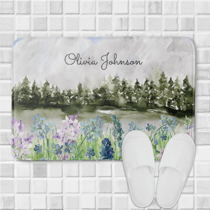 Tapis De Bain Fleurs de pré bleu violet aquarelle monogrammées