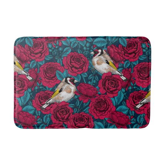 Tapis De Bain Fleurs de roses rouges et oiseaux d'or (Devant)