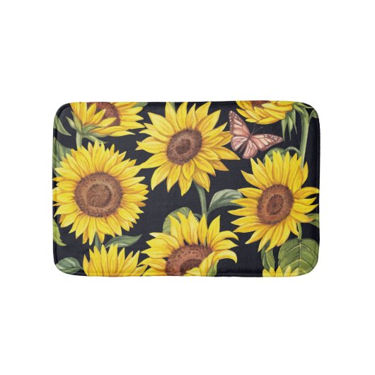 Tapis De Bain Fleurs de soleil, papillons, aquarelle noir (Devant)