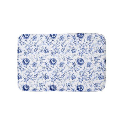 Tapis De Bain Fleurs de toile bleue et blanche dans un style de  (Devant)