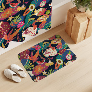 Tapis De Bain Fleurs d'île et fruits sur fond bleu marine