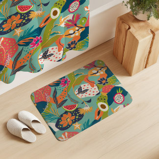 Tapis De Bain Fleurs d'île et fruits sur fond bleu menthe