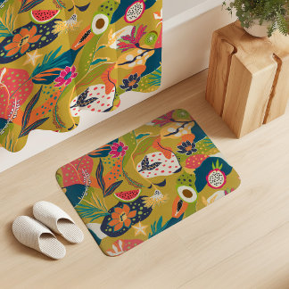 Tapis De Bain Fleurs d'île et fruits sur fond de moutarde