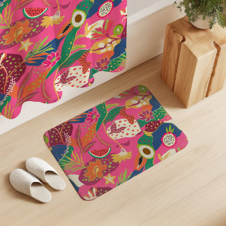 Tapis De Bain Fleurs d'île et fruits sur fuchsia