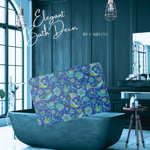 Tapis De Bain Fleurs d'oiseaux bleu royal, jaune