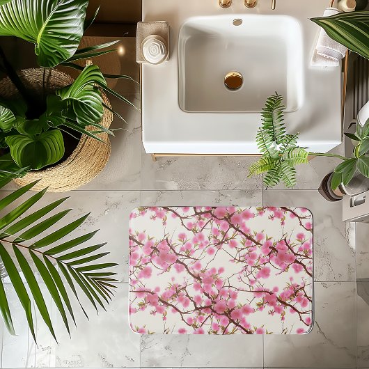 Tapis De Bain Fleurs élégantes de cerisier rose tendre  
