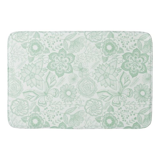 Tapis De Bain Fleurs et papillons rétro verts et blancs (Devant)