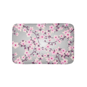 Tapis De Bain Fleurs florales de cerisier gris rose