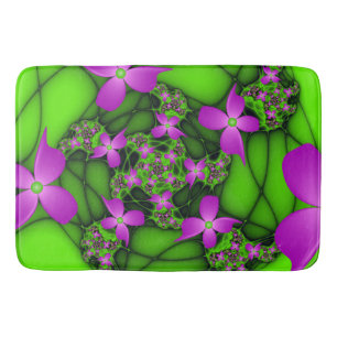 Tapis De Bain Fleurs fractales Abstraites de néon rose vert