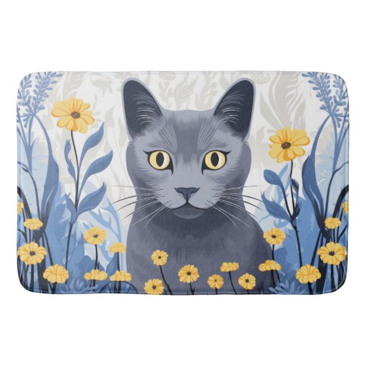Tapis De Bain Fleurs Jaunes Chat Bleu Russe (Devant)