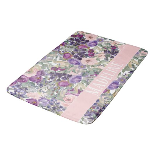 Tapis De Bain Fleurs mignonnes Rose Violet Fille Votre Nom (Angle)