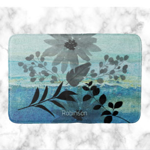 Tapis De Bain Fleurs Modernes Sur Arrière - plan Bleu Rêvé