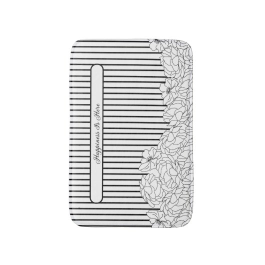 Tapis De Bain Fleurs noires et blanches avec bandes (Devant (Vertical))