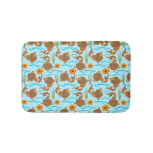 Tapis De Bain Fleurs oranges de la famille des loutres Animaux a