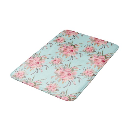 Tapis De Bain Fleurs rose pâle sur bleu clair (Angle)