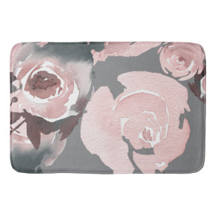 Tapis De Bain Fleurs roses à l'aquarelle sur fond de charbon de